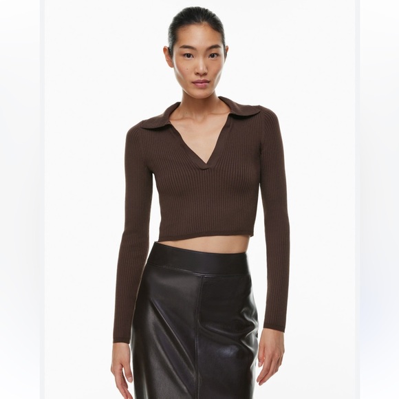 Aritzia Babaton Sculpt Knit Brown Ribbed V-Neck Cropped Sweater - Picture 1 of 11